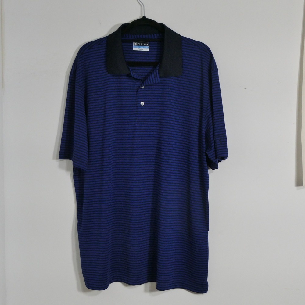 PGA Tour Mens Polo XXL Blue Striped Airflux Short Sleeve Golfcore Breathable